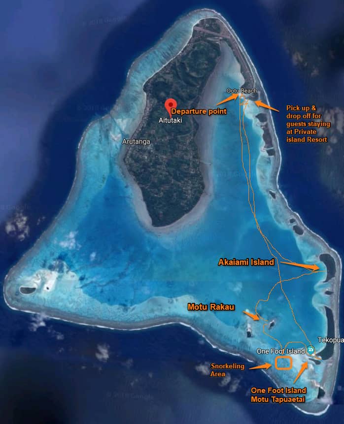 Typical Cruise Map for the Vaka Cruise on Aitutaki's lagoon
